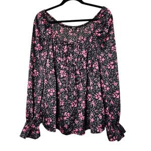 Simply B Size 16 Top‎ Blouse Black Pink Dark Floral Peasant Balloon Sleeve Ties